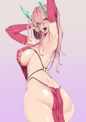 Rule 34 | 1girl, :d, arm behind head, armpits, ass, back, bad id, bad pixiv id, blush, breasts, brown eyes, butt crack, covered erect nipples, detached sleeves, era (erasion), gradient background, highres, horns, large breasts, long tongue, looking at viewer, open mouth, original, pelvic curtain, pink hair, revealing clothes, sharp teeth, sideboob, simple background, slit pupils, smile, solo, standing, teeth, tongue, tongue out
