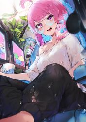 Rule 34 | 1girl, :d, absurdres, ahoge, bird, black pants, blue hair, blush, breasts, cup, feet out of frame, highres, hiiragi mikoto, indoors, medium breasts, melting, monitor, multicolored hair, off shoulder, open mouth, original, pants, pink eyes, pink hair, round eyewear, shirt, sitting, slime (substance), smile, solo, t-shirt, teeth, two-tone hair, upper teeth only, white shirt
