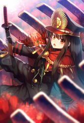 Rule 34 | 1girl, black hair, blurry, cape, crest, depth of field, family crest, fate/grand order, fate (series), flower, hat, highres, japanese clothes, kaina (tsubasakuronikuru), katana, koha-ace, long hair, military, military uniform, oda nobunaga (fate), oda nobunaga (koha-ace), red eyes, smile, solo, spider lily, sword, uniform, weapon