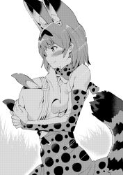Rule 34 | 10s, 1girl, animal ears, blush, bow, bowtie, bucket hat, closed mouth, cross-laced clothes, elbow gloves, from side, gloves, greyscale, hat, hat feather, high-waist skirt, highres, holding, kemono friends, monochrome, serval (kemono friends), serval print, shirt, short hair, skirt, sleeveless, sleeveless shirt, smile, solo, standing, striped tail, tail, takano itsuki, upper body