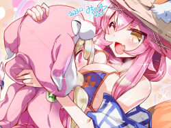 Rule 34 | 2girls, age difference, animal ear fluff, animal ears, animal hood, between breasts, bikini, blonde hair, blue bikini, blush, breast press, breast smother, breasts, casual one-piece swimsuit, cat hood, commission, ears through headwear, face between breasts, face to breasts, fang, fate/grand order, fate (series), fox ears, fox girl, fox print, fox tail, frilled shorts, frills, hat, head between breasts, hood, hug, illyasviel von einzbern, illyasviel von einzbern (swimsuit archer), illyasviel von einzbern (swimsuit archer) (first ascension), large breasts, long hair, looking at breasts, low twintails, miuku (marine sapphire), multiple girls, one-piece swimsuit, one eye closed, open mouth, pink hair, pixiv commission, red eyes, red one-piece swimsuit, shorts, side-tie bikini bottom, skin fang, smother, straw hat, sun hat, swimsuit, tail, tamamo (fate), tamamo no mae (swimsuit lancer) (fate), tamamo no mae (swimsuit lancer) (second ascension) (fate), twintails, yellow eyes