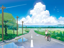 Rule 34 | 1boy, amemura, amemura (caramelo), bicycle, bird, blonde hair, blue sky, cloud, contrail, day, field, grass, kagamine len, landscape, male focus, outdoors, pavement, perspective, power lines, puddle, raglan sleeves, reflection, road, rural, sandals, scenery, shirt, shorts, sky, solo, t-shirt, tree, utility pole, vanishing point, vocaloid, walking, water, wide shot
