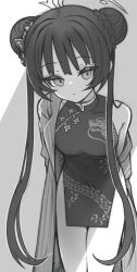 Rule 34 | 1girl, arms behind back, blue archive, breasts, butterfly hair ornament, china dress, chinese clothes, closed mouth, coat, collarbone, cowboy shot, double bun, dragon print, dress, greyscale, hair bun, hair ornament, halo, highres, izuoku, kisaki (blue archive), long hair, looking at viewer, monochrome, open clothes, open coat, sleeveless, sleeveless dress, small breasts, solo, striped clothes, striped coat, twintails, vertical-striped clothes, vertical-striped coat