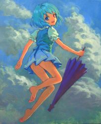 Rule 34 | 1girl, acrylic paint (medium), ama-tou, bare legs, barefoot, blue eyes, blue hair, closed umbrella, cloud, feet, female focus, flying, from behind, heterochromia, highres, looking back, matching hair/eyes, open mouth, painting (medium), red eyes, short hair, smile, soles, solo, tatara kogasa, toes, touhou, traditional media, umbrella