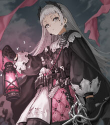 Rule 34 | 1girl, absurdres, arknights, black gloves, black jacket, capelet, closed mouth, cloud, cloudy sky, commentary request, fairxw, gloves, grey eyes, grey hair, highres, holding, holding lantern, holding sword, holding weapon, irene (arknights), jacket, lantern, long hair, long sleeves, looking at viewer, outdoors, pleated skirt, puffy long sleeves, puffy sleeves, skirt, sky, solo, sword, very long hair, weapon, white capelet, white skirt
