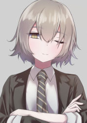 Rule 34 | 1girl, black necktie, black suit, closed mouth, collared shirt, commentary request, crossed arms, formal, girls&#039; frontline, grey background, grey hair, hair between eyes, half-closed eyes, long sleeves, looking at viewer, medium hair, necktie, one eye closed, scar, scar across eye, shirt, simple background, smile, solo, sopranino, suit, ump45 (girls&#039; frontline), upper body, white shirt, yellow eyes