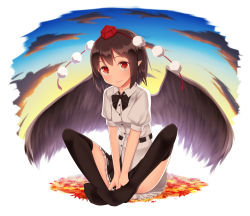 Rule 34 | 1girl, belt, bird wings, black hair, black thighhighs, black wings, blush, brown hair, cloud, convenient censoring, feet together, full body, hat, hat ribbon, highres, leaf, looking at viewer, maple leaf, no shoes, pointy ears, pom pom (clothes), pspmaru, puffy short sleeves, puffy sleeves, red eyes, red hair, ribbon, shameimaru aya, shirt, short hair, short sleeves, sitting, skirt, sky, smile, solo, string, thighhighs, tokin hat, touhou, wings