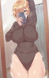 Rule 34 | 1girl, absurdres, arm up, blonde hair, breasts, cellphone, covered navel, curtains, gluteal fold, grey sweater, hair over one eye, heattech leotard, highleg, highleg leotard, highres, holding, holding phone, indoors, large breasts, leotard, mask, mirror, mole, mole under eye, original, phone, reflection, smartphone, solo, sweat, sweater, thick thighs, thigh gap, thighs, turtleneck, turtleneck sweater, wakura (gcdan), yellow eyes