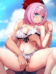 Rule 34 | 1boy, 1girl, absurdres, bare legs, bare shoulders, beach, bead bracelet, beads, bikini, bikini bottom aside, blue eyes, blunt bangs, bracelet, grabbing another&#039;s breast, breasts, censored, cleavage, closed mouth, clothing aside, collarbone, elf, elysia (honkai impact), elysia (miss pink elf), elysia (miss pink elf) (honkai impact), faceless, faceless male, fingering, frilled bikini, frills, grabbing, hairband, highres, honkai (series), honkai impact 3rd, jewelry, lace, lace-trimmed bikini, lace trim, large breasts, long hair, looking at viewer, mosaic censoring, nail polish, navel, pink hair, pink nails, pink pupils, pointy ears, sitting, sky, slash-ex, smile, spread legs, swimsuit, thick eyelashes, underboob