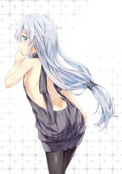 Rule 34 | 10s, 1girl, alternate costume, ass, backless dress, backless outfit, bare arms, bare back, bare shoulders, black pantyhose, blue eyes, blush, butt crack, closed mouth, cowboy shot, dimples of venus, dress, from behind, hair tubes, halterneck, hibiki (kancolle), kantai collection, long hair, looking back, low-tied long hair, meme attire, naked sweater, pantyhose, profile, sidelocks, silver hair, solo, sweater, sweater dress, teruui, very long hair, virgin killer sweater