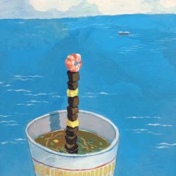 Rule 34 | afloat, artist request, blue sky, chocolate, cube, cup, day, food, food focus, highres, horizon, motor vehicle, nissin cup noodle, no humans, noodles, ocean, original, outdoors, ramen, shadow, ship, shrimp, sky, sunlight, vehicle, water, watercraft