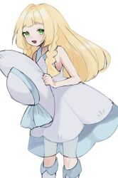 Rule 34 | 1girl, :d, blonde hair, blunt bangs, braid, collared dress, commentary request, creatures (company), dress, game freak, green eyes, hat, hat ribbon, highres, holding, holding clothes, holding hat, kneehighs, knees, lillie (pokemon), long hair, nintendo, open mouth, pokemon, pokemon sm, ribbon, see-through, simple background, sleeveless, sleeveless dress, smile, socks, solo, sun hat, sundress, twin braids, ukocome, unworn hat, unworn headwear, white background, white dress