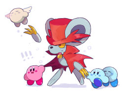Rule 34 | !, !!, angel wings, animal ears, blue skin, blush stickers, cape, chiimako, colored sclera, colored skin, daroach, disembodied hand, fang, kirby, kirby (series), kirby mass attack, mouse ears, nintendo, open mouth, pink skin, red headwear, simple background, sweat, white background, wings, yellow sclera