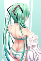 Rule 34 | 1girl, aqua bra, ass, back, bare shoulders, body blush, bra, butt crack, cowboy shot, facing away, from behind, geduan, green eyes, green hair, hair ornament, hatsune miku, highres, long hair, nape, off shoulder, panties, revision, shirt, shoulder blades, solo, standing, striped clothes, striped panties, twintails, two-tone background, underwear, undressing, very long hair, vocaloid, white shirt