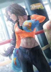 Rule 34 | 1girl, absurdres, black pants, black sports bra, boxing gloves, boxing ring, braid, braided ponytail, breasts, brown hair, closed mouth, collarbone, commentary request, cowboy shot, crop top, dark-skinned female, dark skin, fitness boxing, groin, highres, indoors, laura (fitness boxing), long hair, long sleeves, looking to the side, making-of available, medium breasts, mike tanuki, navel, orange shirt, pants, parted bangs, punching bag, shirt, sidelocks, smile, solo, sports bra, standing, sweat, toned, track pants