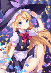 Rule 34 | 1girl, amemiya ruki, apron, argyle, argyle background, argyle clothes, black skirt, black vest, blonde hair, blue eyes, bow, braid, closed mouth, commentary request, frilled skirt, frills, hat, hat bow, highres, kirisame marisa, long hair, looking at viewer, md5 mismatch, puffy short sleeves, puffy sleeves, purple bow, resolution mismatch, shirt, short sleeves, side braid, single braid, sitting, skirt, solo, source smaller, star (symbol), touhou, very long hair, vest, waist apron, white shirt, witch hat, wrist cuffs