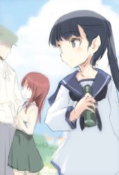 Rule 34 | 1boy, 2girls, blue sky, bottle, cloud, day, lowres, minna-dietlinde wilcke, multiple girls, ramune, sailor collar, sakamoto mio, shimada fumikane, sky, strike witches, uniform, world witches series, aged down