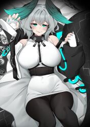 Rule 34 | 1girl, absurdres, aqua eyes, aqua nails, arknights, bare shoulders, black pantyhose, coat, commentary, dress, feet out of frame, fingerless gloves, gloves, grey hair, hands up, highres, ho&#039;olheyak (arknights), k0ng, looking at viewer, lying, nail polish, off shoulder, on back, open clothes, open coat, pantyhose, pencil dress, short hair, short sleeves, sleeveless, sleeveless dress, smile, solo, thighs, white dress, white gloves