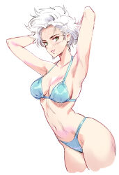 Rule 34 | 1girl, armpits, arms behind head, arms up, bare arms, bare shoulders, bikini, blue bikini, breasts, cleavage, collarbone, commentary request, earrings, green eyes, highleg, highleg bikini, highres, jewelry, lips, looking at viewer, matsuda (matsukichi), medium breasts, navel, original, parted lips, short hair, simple background, smile, solo, stomach, swimsuit, thighs, unfinished, white background, white hair