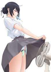 1girl black_hair closed_eyes commentary_request electric_fan food green_panties grey_skirt idolmaster idolmaster_shiny_colors morino_rinze mouth_hold panties pleated_skirt popsicle puriketsu_corgy school_uniform shirt shirt_tucked_in short_sleeves simple_background skirt skirt_hold solo underwear white_background white_shirt wind