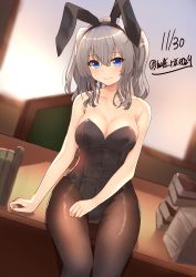Rule 34 | 1girl, alternate costume, animal ears, blue eyes, blush, book, breasts, closed mouth, dated, fake animal ears, hair between eyes, hair ornament, highres, kantai collection, kashima (kancolle), large breasts, leotard, long hair, looking at viewer, pantyhose, playboy bunny, rabbit ears, shiina aoi, silver hair, sitting, sitting on table, smile, solo, twintails, wavy hair, window