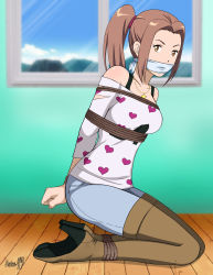 Rule 34 | 1girl, absurdres, bdsm, bondage, boots, bound, bound ankles, bound wrists, breast bondage, breasts, brown eyes, brown hair, cloth gag, denim, digimon, digimon adventure tri., gag, gagged, heart, high heel boots, high heels, highres, improvised gag, jeans, jewelry, looking at viewer, necklace, over the mouth gag, pants, ponytail, shadow xcp, shirt, tachikawa mimi, white shirt