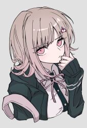 Rule 34 | 1girl, backpack, bag, black jacket, breasts, brown hair, closed mouth, cropped torso, danganronpa (series), danganronpa 2: goodbye despair, dress shirt, galaga, grey background, hair ornament, hand up, highres, jacket, large breasts, leaf (identityv leaf), long sleeves, medium hair, nanami chiaki, open clothes, open jacket, parted lips, pink bag, pink eyes, pout, shirt, simple background, solo, teeth, white shirt