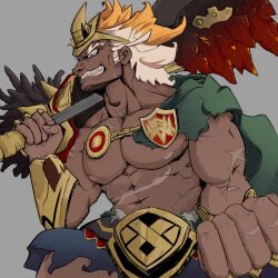 Rule 34 | 1boy, abs, axe, battle axe, dark-skinned male, dark skin, fire emblem, fire emblem heroes, helbindi (fire emblem), holding, holding axe, kevcatk, large pectorals, male focus, multicolored hair, muscular, muscular male, nintendo, orange hair, pectorals, red eyes, scar, scar on arm, sideburns, two-tone hair, weapon, white hair