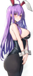Rule 34 | 1girl, 7saki, ahoge, animal ears, backless leotard, black leotard, black pantyhose, blush, breasts, detached collar, highres, large breasts, leotard, long hair, looking at viewer, own hands together, pantyhose, playboy bunny, purple eyes, purple hair, rabbit ears, rabbit tail, reisen udongein inaba, sideboob, simple background, solo, straight hair, strapless, strapless leotard, tail, touhou, very long hair, white background, wrist cuffs