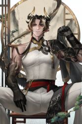 Rule 34 | 1boy, arknights, black hair, chong yue (arknights), dragon boy, dragon horns, dragon tail, earrings, feet out of frame, highres, horns, jewelry, long hair, long sleeves, looking at viewer, male focus, multicolored hair, muscular, muscular male, pants, pectorals, pointy ears, ponytail, red eyes, shirt, sitting, solo, spread legs, streaked hair, tail, thick eyebrows, white shirt, yuyuyu11