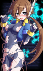 Rule 34 | 1girl, aile (mega man zx), antennae, blue eyes, blush, bodysuit, bracelet, breasts, brown hair, capcom, covered navel, cropped jacket, female focus, gloves, headset, heart, heart-shaped pupils, jacket, jewelry, long hair, open mouth, ponytail, mega man (series), mega man zx, mega man zx advent, semikichi, smile, solo, symbol-shaped pupils, tattoo, torn clothes