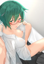 Rule 34 | 1girl, animal ears, blush, bottomless, breasts, clothes pull, commentary request, from above, glasses, green eyes, green hair, hair between eyes, highres, medium breasts, naked shirt, nipples, pallad, pulling own clothes, semi-rimless eyewear, shirt, shirt pull, short hair, sitting, smile, solo focus, tongue, tongue out, under-rim eyewear, vrchat, white shirt, yuyake hino