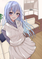 Rule 34 | 1girl, absurdres, arms behind back, blue hair, breasts, commentary request, highres, idolmaster, idolmaster shiny colors, indoors, long hair, looking at viewer, medium breasts, pleated skirt, purple shirt, shirt, skirt, solo, straight hair, suzuki hana, sweater vest, tanato (tado828), very long hair, white skirt, white sweater vest