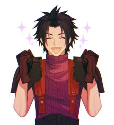Rule 34 | 1boy, armor, belt, black belt, black hair, brown gloves, clenched hands, closed eyes, crisis core final fantasy vii, d8j0j, fang, final fantasy, final fantasy vii, gloves, hands up, happy, highres, male focus, open mouth, parted bangs, pauldrons, purple sweater, short hair, shoulder armor, simple background, skin fang, sleeveless, sleeveless turtleneck, solo, sparkle, spiked hair, suspenders, sweater, turtleneck, upper body, white background, zack fair