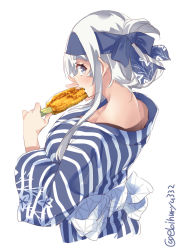 Rule 34 | 1girl, blue eyes, blush, breasts, corn, corn cob, eating, ebifurya, floral print, food, from above, headband, highres, japanese clothes, kamoi (kancolle), kantai collection, kimono, large breasts, long hair, long sleeves, looking at viewer, simple background, solo, thick eyebrows, twitter username, white background, white hair, yukata