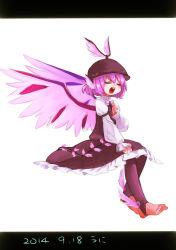 Rule 34 | 1girl, 2014, animal ears, closed eyes, commentary request, dated, dress, full body, hat, highres, letterboxed, music, mystia lorelei, namauni, open mouth, pink hair, short hair, singing, teeth, toeless legwear, toes, touhou, wings