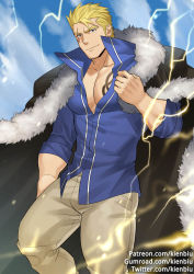 Rule 34 | 1boy, bara, black jacket, blonde hair, blue eyes, bulge, chest tattoo, collared shirt, contrapposto, fairy tail, feet out of frame, fur-trimmed jacket, fur trim, jacket, kienbiu, large pectorals, laxus dreyar, light smile, lightning bolt symbol, male focus, muscular, open clothes, open shirt, paid reward available, pants, partially unbuttoned, pectoral cleavage, pectorals, shirt, short hair, sideburns, sleeves rolled up, solo, spiked hair, tattoo, thick thighs, thighs, tight clothes, tight pants