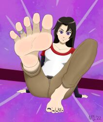 Rule 34 | 1girl, belt buckle, black hair, buckle, foot focus, highres, jewelry, long hair, lori jiimenez, nail polish, pants, purple eyes, rebootnt1, sitting, smirk, soles, toe ring, toenail polish, toenails, transformers, transformers cybertron, transformers unicron trilogy