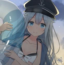 Rule 34 | 1girl, alternate costume, bare shoulders, bikini, black hat, blue eyes, blush, breasts, cloud, collarbone, dawn, flat cap, front-tie bikini top, front-tie top, hair between eyes, hat, hibiki (kancolle), highres, holding, holding swim ring, innertube, kantai collection, long hair, looking at viewer, miko fly, outdoors, sidelocks, signature, silver hair, small breasts, smile, solo, swim ring, swimsuit, upper body