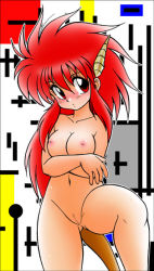Rule 34 | 1girl, blush, breasts, cleft of venus, dragon girl, dragon half, horns, kokera, large breasts, long hair, mink (dragon half), navel, nipples, nude, pussy, red eyes, red hair, solo, tail, uncensored