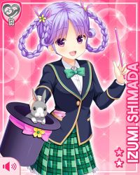 Rule 34 | 1girl, bow, braid, rabbit, character name, fang, flower, girlfriend (kari), green bow, hair flower, hair ornament, handkerchief, hands up, hat, holding, holding clothes, holding hat, looking at viewer, official art, open mouth, pink background, plaid, plaid skirt, purple eyes, purple hair, qp:flapper, school uniform, shimada izumi, skirt, solo, tagme, teeth, top hat, upper teeth only, wand