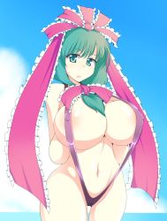 Rule 34 | 1girl, breasts, cameltoe, cleavage, covered erect nipples, female focus, gradient background, green eyes, green hair, highres, huge breasts, kagiyama hina, large breasts, matching hair/eyes, nipples, ocean, open mouth, outdoors, ribbon, sky, solo, swimsuit, touhou, wedge (tyrl stride)