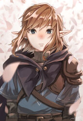 Rule 34 | 1boy, armor, belt, black cape, blue eyes, blue tunic, blush, brown belt, brown hair, cape, cherry blossoms, earrings, falling petals, floating hair, high collar, highres, jewelry, link, looking at viewer, male focus, maya (mayamayammy), medium hair, nintendo, nose blush, parted lips, pauldrons, petals, pointy ears, shoulder armor, signature, single pauldron, solo, the legend of zelda, the legend of zelda: tears of the kingdom, upper body, white background