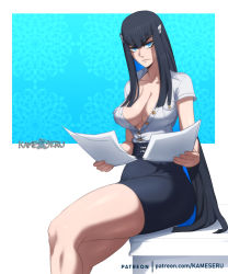 Rule 34 | 1girl, artist name, blue eyes, breasts, cleavage, collarbone, kameseru, kill la kill, kiryuuin satsuki, large breasts, long hair, looking at viewer, office lady, paper, pencil skirt, scowl, short sleeves, sitting, skirt, smile, solo, thick thighs, thighs