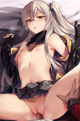 Rule 34 | 1boy, 1girl, armpits, bed sheet, black gloves, black jacket, blush, breasts, breath, brown eyes, censored, clothes lift, commentary request, detached collar, fingerless gloves, from above, girls&#039; frontline, gloves, grey skirt, hair between eyes, hetero, highres, jacket, long sleeves, looking at viewer, lying, miniskirt, missionary, mosaic censoring, navel, nipples, no panties, off shoulder, on back, one side up, open clothes, open jacket, parted bangs, penis, pleated skirt, pov, pussy, scar, scar across eye, scar on face, sex, silver hair, skirt, skirt lift, small breasts, solo focus, spread legs, stomach, sweat, thigh grab, thighs, tsuki tokage, ump45 (girls&#039; frontline), vaginal