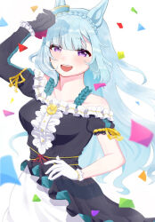 Rule 34 | 1girl, animal ears, arm up, asymmetrical sleeves, bare shoulders, black dress, black gloves, blue hair, braid, breasts, bukeo, confetti, crown braid, dress, ear ornament, gloves, horse ears, long hair, looking at viewer, mejiro ardan (umamusume), off-shoulder dress, off shoulder, open mouth, purple eyes, shading eyes, small breasts, smile, solo, umamusume, uneven sleeves, upper body, white background, white gloves