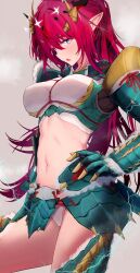 Rule 34 | 1girl, absurdres, armor, armored gloves, blue eyes, blush, breasts, cowboy shot, crop top, electricity, from side, fur-trimmed armor, fur trim, getto, green armor, grey background, heterochromia, highres, hololive, hololive english, irys (hololive), large breasts, long hair, looking at viewer, midriff, monster hunter (series), navel, open mouth, panties, panty peek, pointy ears, red eyes, red hair, shoulder armor, simple background, solo, sparkle, stomach, sweat, teeth, underwear, upper teeth only, virtual youtuber, white panties, zinogre (armor)