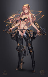 Rule 34 | 1girl, ammunition pouch, artist name, bikini, black bikini, black neckwear, blonde hair, blush, boots, breasts, cleavage, collarbone, commentary, floating hair, full body, gradient background, gun, headgear, high heel boots, high heels, highleg, highleg bikini, highres, holding, holding gun, holding weapon, lips, love cacao, mechanical boots, medium breasts, navel, original, parted lips, pouch, simple background, solo, standing, swimsuit, thigh boots, thighhighs, weapon, yellow eyes