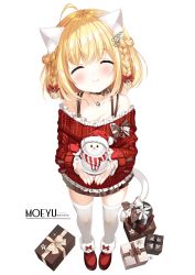 Rule 34 | 1girl, ^ ^, absurdres, ahoge, animal ear fluff, animal ears, blonde hair, blush, bow, box, braid, brown bow, brown skirt, cat ears, cat girl, cat tail, closed eyes, closed mouth, copyright request, english text, facing viewer, frilled sleeves, frilled sweater, frills, full body, fur-trimmed headwear, fur trim, gift, gift box, hair between eyes, hat, highres, loading (verjuice), long sleeves, off-shoulder sweater, off shoulder, pleated skirt, red hat, red sweater, santa hat, simple background, skirt, sleeves past wrists, snowman, solo, standing, sweater, tail, tail bow, tail ornament, transparent background, twin braids, watermark, web address, white background