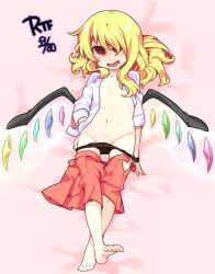 Rule 34 | 1girl, bad id, bad twitter id, barefoot, black panties, blonde hair, breasts, clothes pull, flandre scarlet, full body, hair over one eye, long hair, looking at viewer, lying, on back, open clothes, open mouth, open shirt, panties, panty pull, pulling own clothes, red eyes, red skirt, shamo (koumakantv), shirt, skirt, skirt pull, small breasts, smile, solo, touhou, underwear, wings